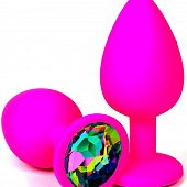 Розовая силиконовая пробка с разноцветным кристаллом - 7 см.