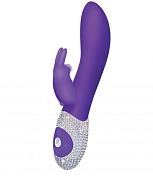Фиолетовый вибромассажёр с клиторальным отростком и отделанной стразами рукоятью The Classic Rabbit - 22 см. фото в интим магазине Love Boat