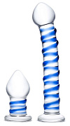 Набор из 2 стеклянных игрушек с синей спиралью Swirly Dildo   Buttplug Set фото в интим магазине Love Boat