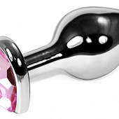 Серебристая анальная пробка со светло-розовым кристаллом-сердцем - 8 см.