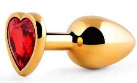 Золотистая анальная пробка с красным стразом-сердечком - 8 см. фото в интим магазине Love Boat