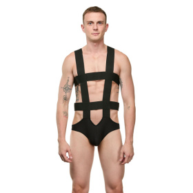 Мужское черное боди с широкими эластичными ремешками фото в интим магазине Love Boat