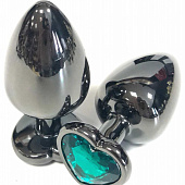 Черная металлическая анальная пробка с зеленым стразом-сердечком - 6,5 см.