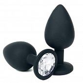 Черная силиконовая анальная пробка с прозрачным стразом - 8 см.