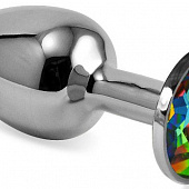 Серебристая гладкая анальная пробка с радужным кристаллом - 6,8 см.