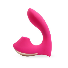 Розовый  L-образный вибромассажёр с вакуумной стимуляцией 3,5’’ Silicone Billow Suction Lover фото в интим магазине Love Boat