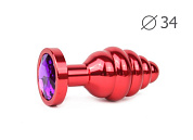 Коническая ребристая красная анальная втулка с кристаллом фиолетового цвета - 8 см. фото в интим магазине Love Boat