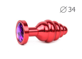 Коническая ребристая красная анальная втулка с кристаллом фиолетового цвета - 8 см. фото в интим магазине Love Boat