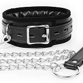 Черный ошейник на металлическом поводке с ручкой-петлей