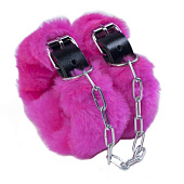 Кожаные наручники со съемной розовой опушкой