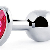 Серебристая анальная пробка с розовым кристаллом-сердечком - 7 см.