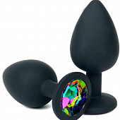 Черная силиконовая анальная пробка с радужным стразом - 7 см.