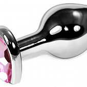 Серебристая анальная пробка с нежно-розовым кристаллом-сердечком - 8 см.