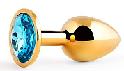 Золотистая анальная пробка с голубым стразом - 7,2 см. фото в интим магазине Love Boat