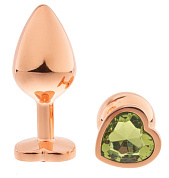 Золотистая анальная пробка OYO с зеленым кристаллом-сердцем - 7,3 см. фото в интим магазине Love Boat