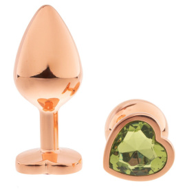 Золотистая анальная пробка OYO с зеленым кристаллом-сердцем - 7,3 см. фото в интим магазине Love Boat