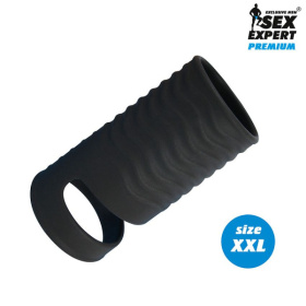 Черная открытая насадка на пенис с кольцом для мошонки XXL-size - 9,4 см. фото в интим магазине Love Boat