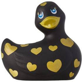 Черный вибратор-уточка I Rub My Duckie 2.0 Romance с золотистым принтом фото в интим магазине Love Boat
