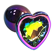 Анальная пробка цвета неохром с радужным кристаллом в форме сердца - 7 см. фото в интим магазине Love Boat