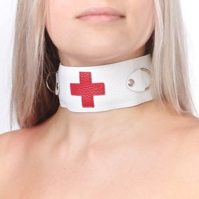 
Ошейник с кольцами и красным крестом фото в интим магазине Love Boat