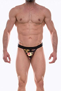 Черные мужские трусы-тонги с блестящими надписями фото в интим магазине Love Boat