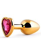 Золотистая анальная пробка с малиновым кристаллом-сердечком - 7 см. фото в интим магазине Love Boat