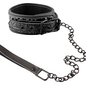 Чёрный кожаный ошейник с поводком Collar With Leash 