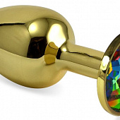 Золотистая анальная пробка с разноцветным кристаллом - 8 см.