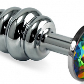 Серебристая ребристая анальная пробка с разноцветным кристаллом - 7 см.