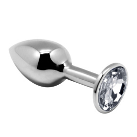 Серебристая анальная втулка с прозрачным кристаллом Mini Metal Butt Plug Size M - 8 см. фото в интим магазине Love Boat