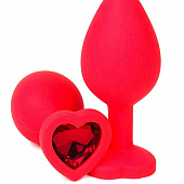 Красная силиконовая анальная пробка с красным стразом-сердцем - 8,5 см.