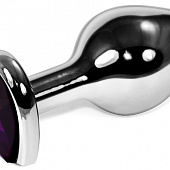 Серебристая коническая анальная пробка с фиолетовым кристаллом-сердцем - 8 см.