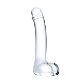 Прозрачный стеклянный фаллос с мошонкой Curved G-Spot - 18 см. фото в интим магазине Love Boat