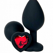 Черная силиконовая пробка с красным кристаллом-сердцем - 10,5 см.