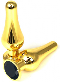 Золотистая удлиненная анальная пробка с черным кристаллом - 8 см. фото в интим магазине Love Boat