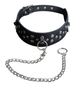 
Чёрный кожаный ошейник с карабином и поводком фото в интим магазине Love Boat