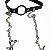 Черный кляп-кольцо с серебристым зажимами для сосков