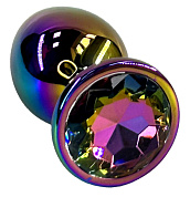 Анальная пробка цвета неохром с радужным кристаллом - 10 см. фото в интим магазине Love Boat