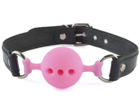 
Розовый кляп-шар на черных кожаных ремешках фото в интим магазине Love Boat