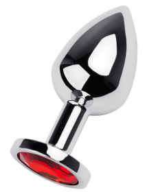 Серебристая коническая анальная пробка с красным кристаллом - 8 см.  фото в интим магазине Love Boat