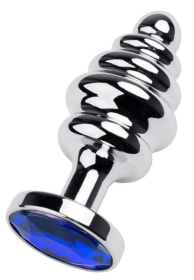 Серебристая анальная пробка-елочка с синим кристаллом - 7,2 см. фото в интим магазине Love Boat