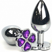 Серебристая анальная пробка с клевером из фиолетовых кристаллов - 8 см.