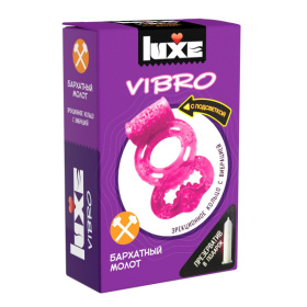 Розовое эрекционное виброкольцо Luxe VIBRO  Бархатный молот  + презерватив фото в интим магазине Love Boat