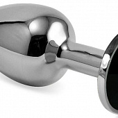 Серебристая гладкая анальная пробка с черным кристаллом - 8 см.