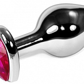 Серебристая анальная пробка с розовым кристаллом-сердечком - 8 см.