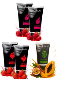 Набор из 5 съедобных лубрикантов JUJU (клубника х 2, малина х 2, тропические фрукты) фото в интим магазине Love Boat