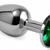 Серебристая гладкая анальная пробка с зеленым кристаллом - 9,5 см.