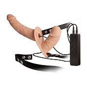 Телесный страпон с вибрацией и вагинальной пробкой DOUBLE THRUSTER VIBE WITH HARNESS - 17 см. фото в интим магазине Love Boat