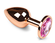 Маленькая золотистая анальная пробка с розовым кристаллом - 6 см. фото в интим магазине Love Boat