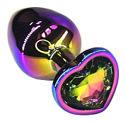 Анальная пробка цвета неохром с радужным кристаллом в форме сердца - 8 см. фото в интим магазине Love Boat